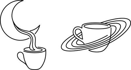 Creative continuous line art illustrations featuring a moon pouring into a coffee cup and a coffee cup with planetary rings perfect for cafe branding beverage concepts or unique design elements © Munaza