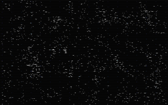Glitch background with VHS static effect. White scanlines and digital noise on black backdrop. Abstract retro TV interference texture. Technology pattern for modern design. Vector Illustration.