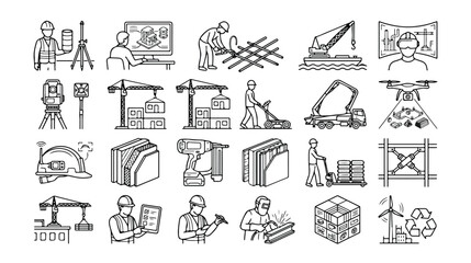 Fototapeta premium Construction and Engineering Line Icons Set. Industrial Building Process, Architecture, and Development Vector Collection. Modern Outline Symbols for Construction Industry, Real Estate