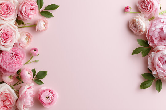 Elegant Blush Pink Floral Border with English Roses, Peonies and Ranunculus on Pastel Background