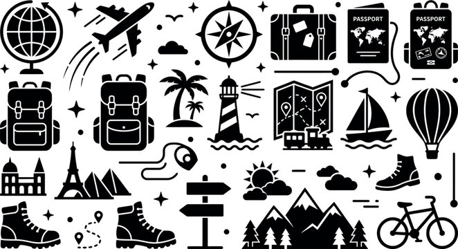 seamless pattern of travel and adventure icons including backpacks passports and landmarks