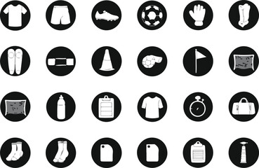 Modern Soccer Equipment White Silhouette Icon Set with Black Circular Badges © MdWahid