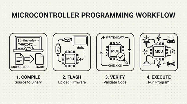 Microcontroller programming workflow steps illustrated in technical diagrams on screen