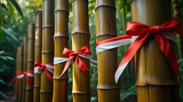 Polished bamboo poles with red and white ribbons in lush forest