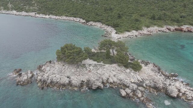 Small Rocky Island with Pine Trees in Turquoise Sea