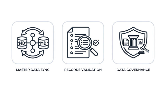 Data governance and records validation process with master data sync icons