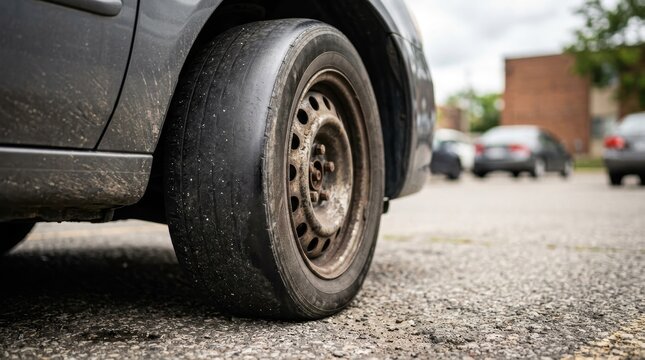 A close-up of a severely worn bald car tire with dangerously smooth tread mounted on a parked vehicle, clearly illustrating excessive tire wear and reduced traction. 
