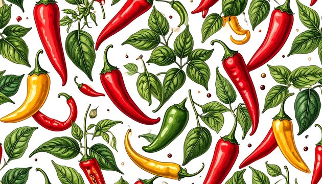 Fresh red and yellow bell peppers on green leaves.