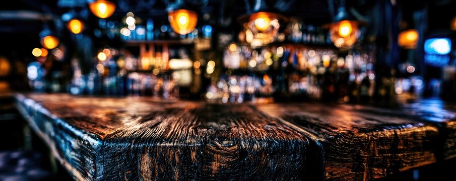 Rustic wooden bar top with blurred background of bottles and warm lights