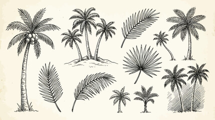 Obraz premium Artistic set of hand drawn palm tree doodles, vintage black and white tropical plant illustrations, hawaiian botanical clipart collection for summer vacation designs, isolated floral sketches.