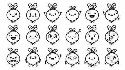 Fototapeta premium Cute Radish Characters with Various Emotions, Kawaii Style, Hand-drawn Vector Art