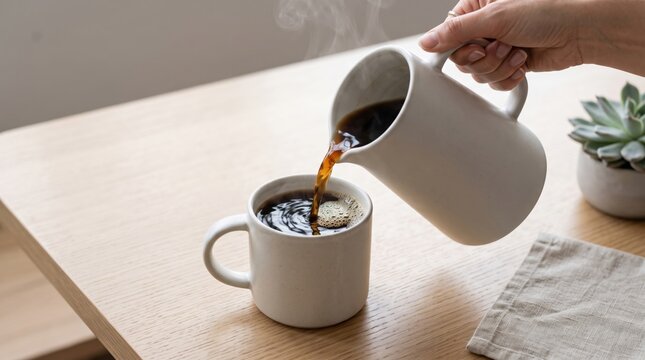 Pouring hot coffee into white ceramic mug on wooden table, morning routine, caffeine boost, breakfast beverage, cozy home atmosphere, steam rising from cup, fresh brew