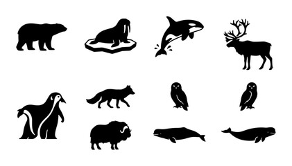 Arctic Wildlife Silhouettes: Polar Bear, Walrus, Orca, Reindeer, Penguin, Fox, Owl, Musk Ox, Whale © Raju