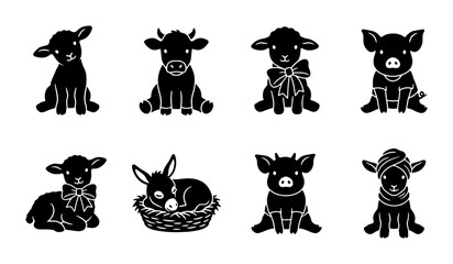 Cute Farm Animal Silhouettes, Baby Lambs, Piglets, Calf, Donkey in Basket, Vector Icons © Raju