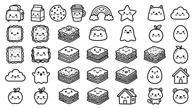 Kawaii Food Icons: Cute Cartoon Characters of Toast, Cookies, Cakes, Fruits, and More