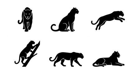 Black Panther Silhouettes, Wild Cat Poses, Vector Icons Set, Majestic Big Cat Collection © Raju