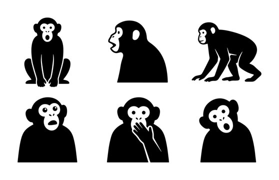 Monkey Silhouettes Collection: Primate Poses, Wildlife Icons, Black & White Vector Graphics