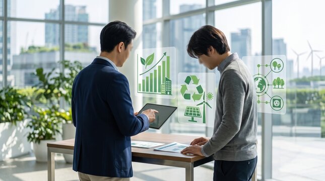 Two businessmen discussing sustainability strategy with digital icons of green energy and recycling, corporate social responsibility and environmental planning meeting