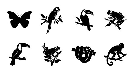 Tropical Wildlife Icons: Butterfly, Parrot, Toucan, Frog, Sloth, Monkey Silhouettes © Rakib