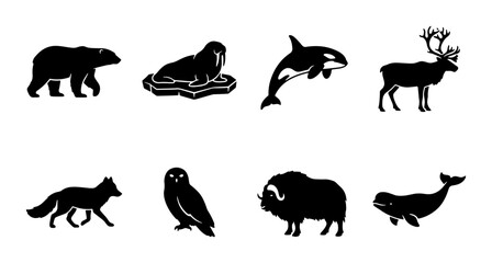 Arctic Wildlife Silhouettes: Polar Bear, Walrus, Orca, Reindeer, Fox, Owl, Musk Ox, Narwhal Icons © Rakib