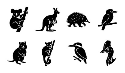 Fototapeta premium Australian Wildlife Icons Set, Kangaroo, Koala, Echidna, Bird Silhouettes, Vector Graphics