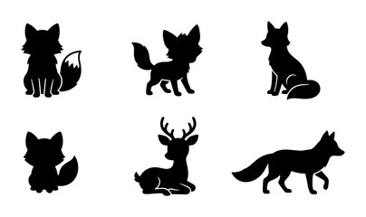 Fototapeta premium Cute Fox and Deer Silhouettes, Woodland Animal Vector Icons, Simple Black Forest Creatures Collection
