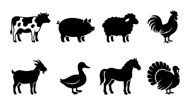 Farm Animal Silhouettes Set: Livestock Icons, Domestic Creatures, Countryside Collection