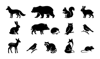 Fototapeta premium Forest Wildlife Silhouette Icons: Bear, Fox, Deer, Owl, Squirrel, Rabbit, Raccoon, Hedgehog, Birds, Boar, Mouse Vector Set