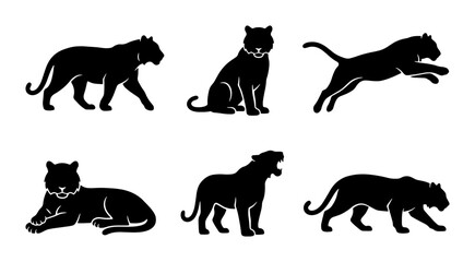 Set of Six Black Tiger Silhouettes, Wild Cat Poses, Powerful Feline Vector Icons © Rakib