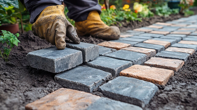 Paver laying pathway out of concrete pavement blocks