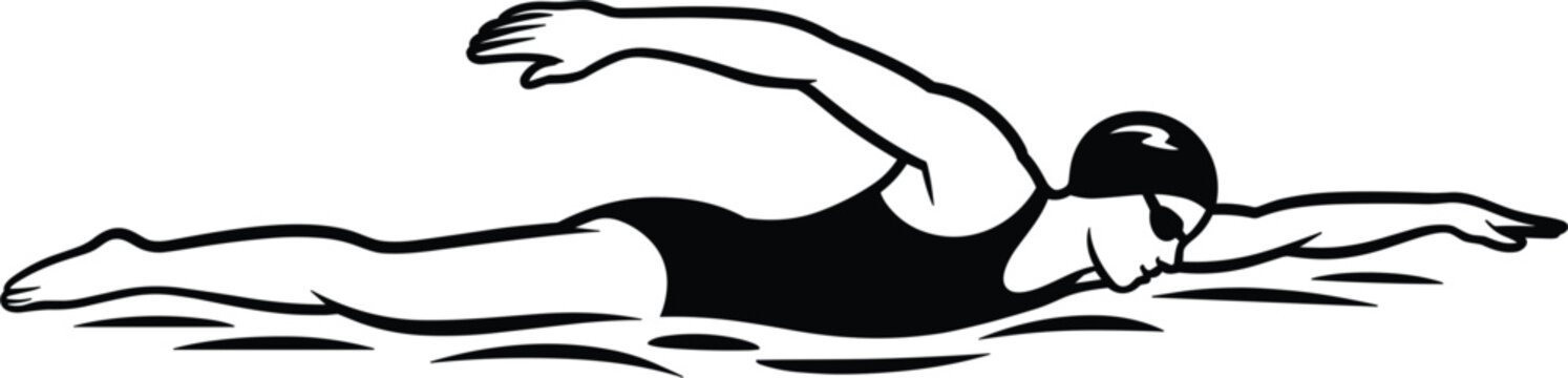 Female swimmer swimming freestyle crawl stroke vector illustration, monochrome athlete icon isolated on white background