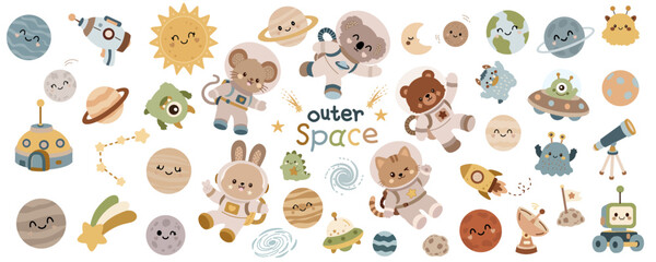 Cute outer space element set with funny astronaut animals planets and cute aliens in kawaii cartoon style. © Sun Ruscha