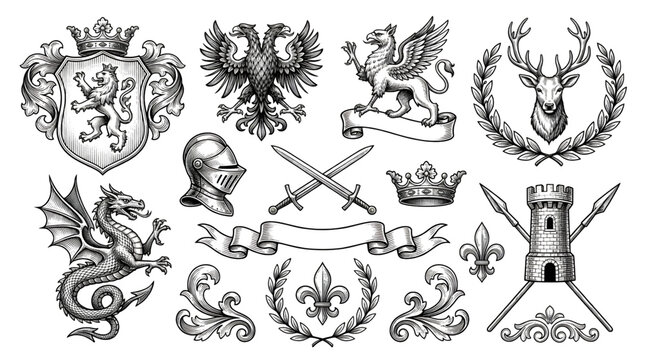 Vintage Heraldic Symbols Vector Collection with Medieval Shields Animals Crowns and Engraved Coat of Arms Elements