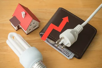 House, light bulb, electrical plug and wallet with growth red graph on table. Electricity prices increase, energy crisis in war, home financial management and planning, expense control concept. © pla2na