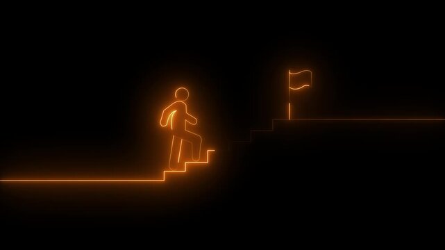 Neon Line Man Climbing Stairs to Flag Business Success and Leadership Concept. Business Leadership Concept Neon Line Man Going Up Stairs to Success Flag. SD animation