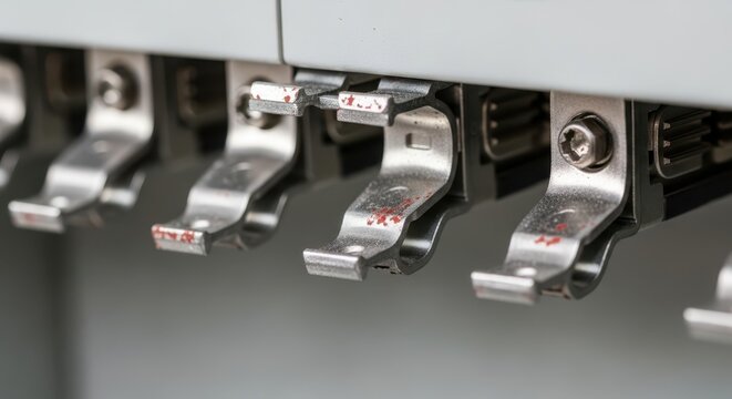 Close-up macro view of metallic electrical circuit connectors, showcasing industrial technology and intricate wiring details