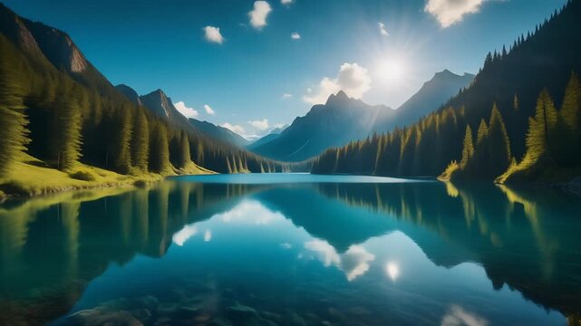 Pristine mountain lake reflection under sunny blue sky and forest