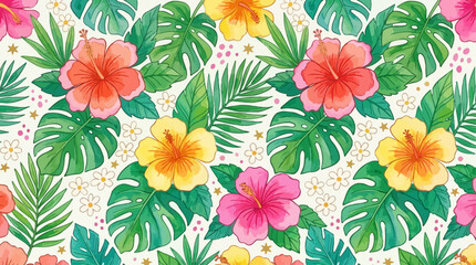 Vibrant Tropical Summer Hibiscus Flower Seamless Pattern Illustration Hand Drawn Watercolor Jungle Plant Leaf Floral Texture Exotic Spring Season Background Wallpaper Print Decoration © THIBNH