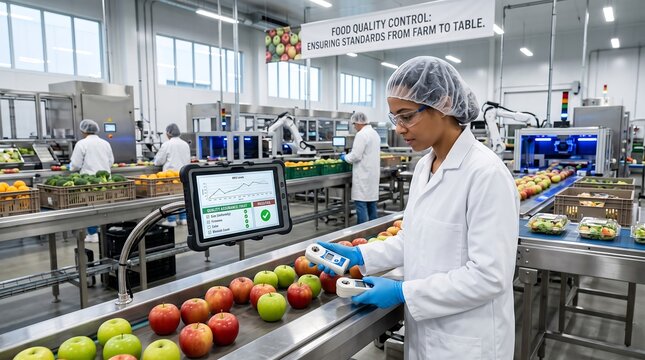 Quality control inspector wearing white lab coat and protective gear scanning fresh red apples on automated processing line for food safety standard.
