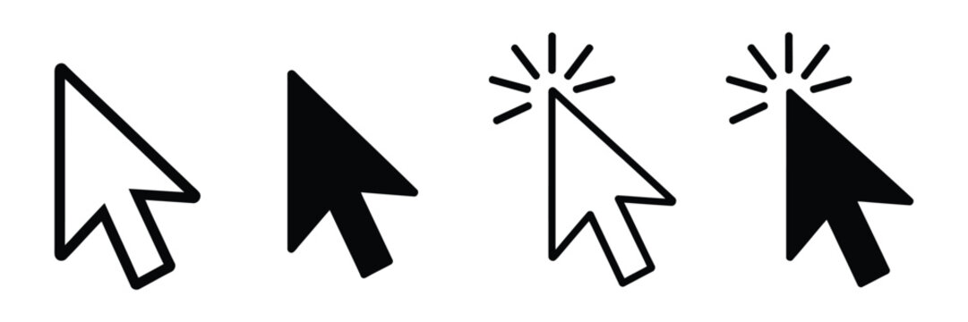 Mouse Cursor Icon set, minimalist arrow pointer collection showing click states, vector illustration for websites, applications, user interfaces, and digital navigation.