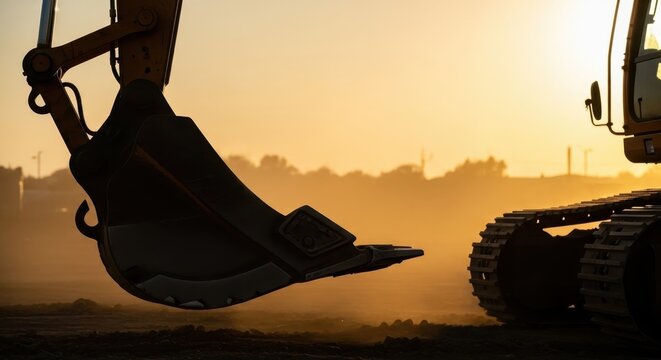 Close-up of an excavator's bucket and track in silhouette against a hazy sunrise