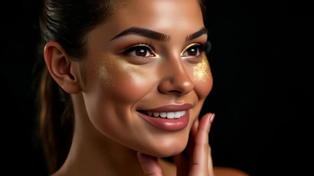 Woman's hands applying golden shimmer highlighter on cheekbones, glitter particles floating, black bokeh studio background