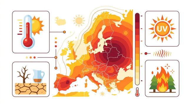 Illustration showing extreme heat across Europe with icons for thermometer, drought, UV rays, and wildfire, conveying a severe climate crisis