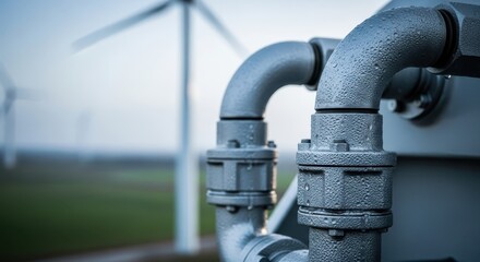 Naklejka premium Close-up of industrial pipes in front of a large wind turbine on a cloudy day
