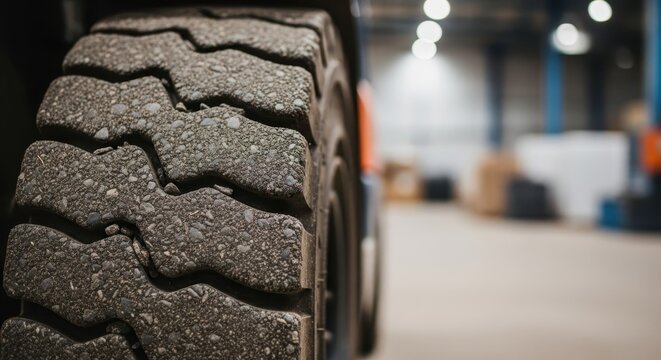 Close-up view of a rugged forklift tire with deep treads, set against a blurred industrial warehouse background showcasing heavy-duty machinery