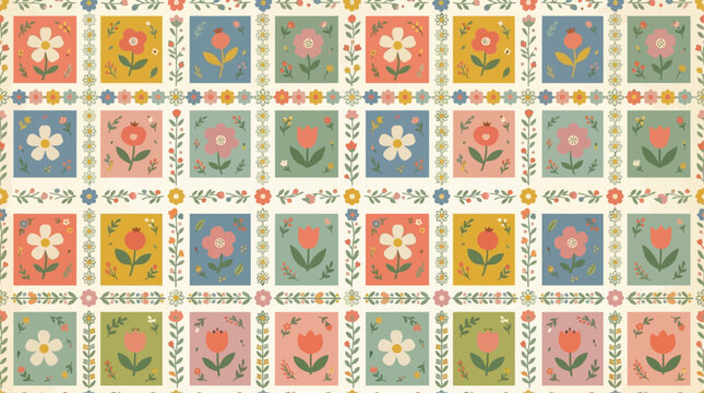 Vibrant floral seamless pattern featuring vintage flower plaid motifs. Abstract geometric botanical wallpaper for spring season textile design and natural texture backdrop blossom ornament.