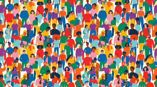 Vibrant abstract art of a diverse multicultural crowd featuring various ethnic background in a seamless pattern design, showcasing global community unity with bright artistic color.