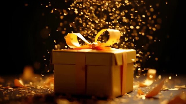 Elegant gold gift box being unwrapped with ribbon curling, confetti bursting upward, dark luxury bokeh background
