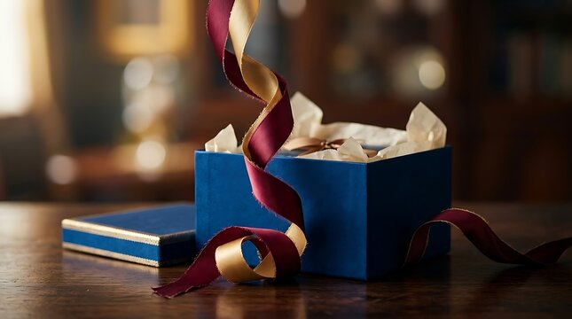 Elegant Blue Gift Box with Curled Ribbon on Wooden Table