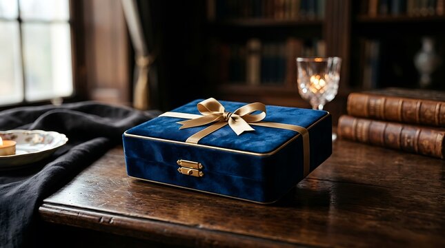 Elegant Blue Velvet Gift Box with Gold Ribbon on Vintage Wooden Desk